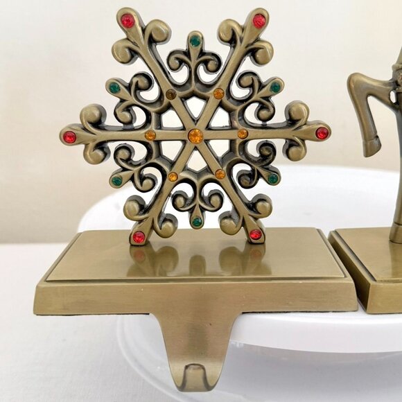 Reindeer Snowflake Metal Stocking Holder Set Christmas Mantel Hooks Gold Tone - Picture 2 of 16